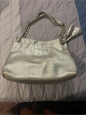 Tory Burch Metallic gold  Leather Shoulder Bag with Tassel